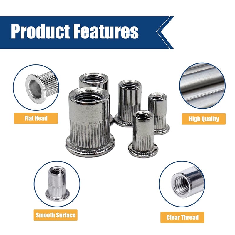 ELEFOCUS #10-24 100PCS SAE Rivet Nut Ass 304 Stainless Steel Flat Head Threaded Rivet Insert Knurled Rivet Nuts - Image 4